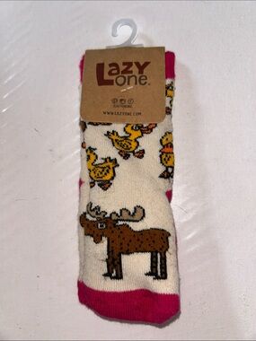 Lazy One Cream Socks with Brown Moose, Yellow Ducks and Pink Accents